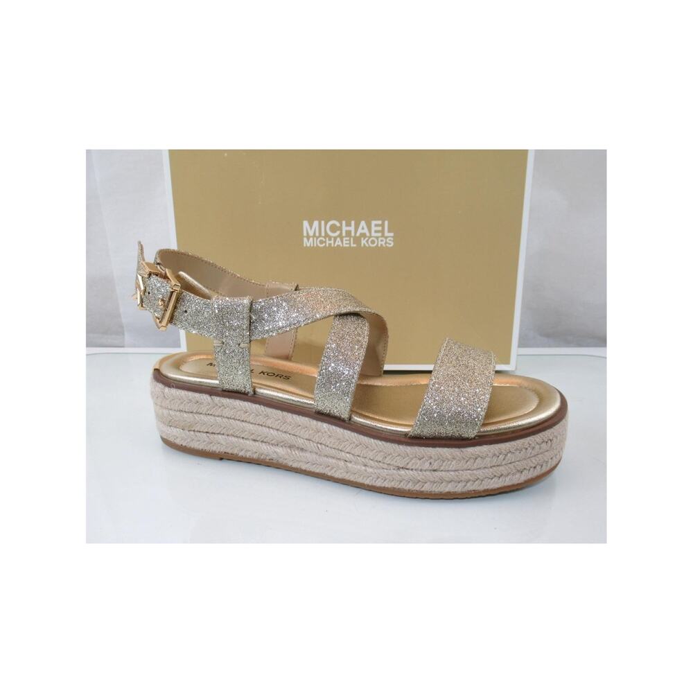 Michael Kors Size 7 Lynn Espadrille Platform Wedge Sandals MK Logo Pale Gold